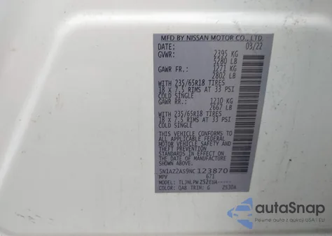 2022 Nissan Murano S Intelligent Awd z USA, uszkodzony, nr VIN 5N1AZ2AS9NC123870